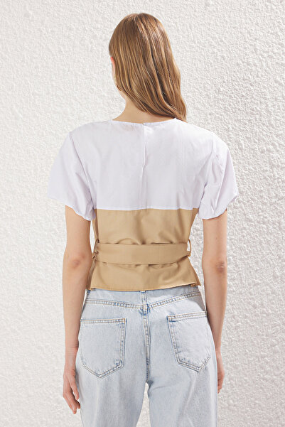 Trendyol Collection Beige Short Balloon Sleeve Belt Woven Woven Blouse Twoss25Bz00502