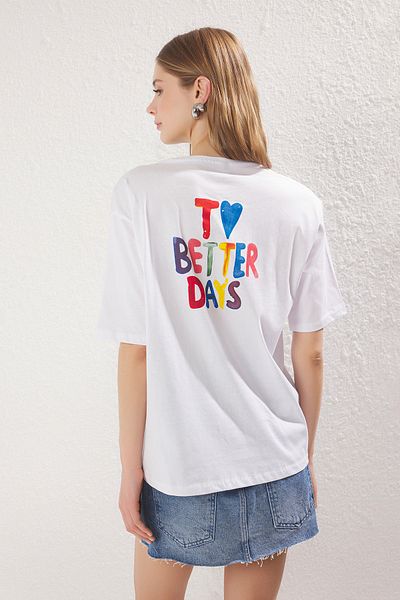 Trendyol Collection Heart Print Ecru Oversize Knitted T-Shirt - 100% Cotton Twoss25Ts00177