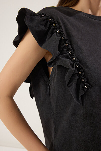 Trendyol Collection Anthracite Thick Cotton Relaxed/Casual Fit Washed Trock Knitted T-Shirt Twoss25Ts00158