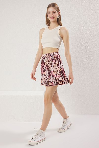 Trendyol Collection Καφέ εμπριμέ Flounces Ψηλόμεση Μίνι ελαστική πλεκτή φούστα TWOSS21ET0010
