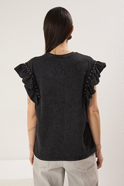 Trendyol Collection Anthracite Thick Cotton Relaxed/Casual Fit Washed Trock Knitted T-Shirt Twoss25Ts00158