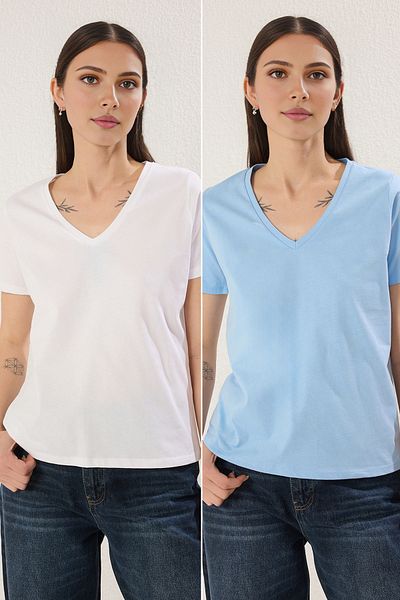 Trendyol Collection White-Light Blue 2-Pack Regular/Normal Fit V-Neck Knitted T-Shirt Twoss25Ts00183