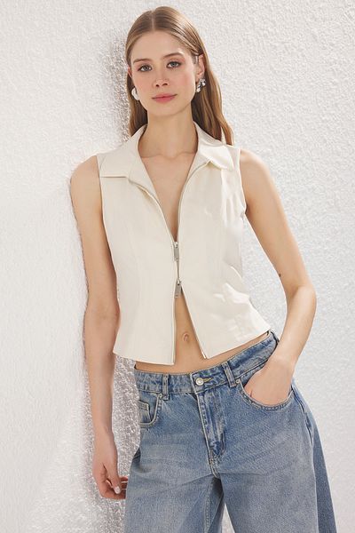 Trendyol Collection Fitted Stone Jacket Collar Woven Vest