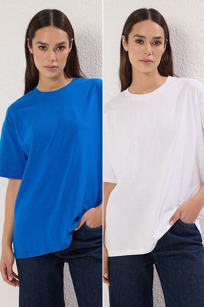 Trendyol Collection Saks White 2-Piece 100% Cotton Oversize Fit Crew Neck Knitted T-Shirt