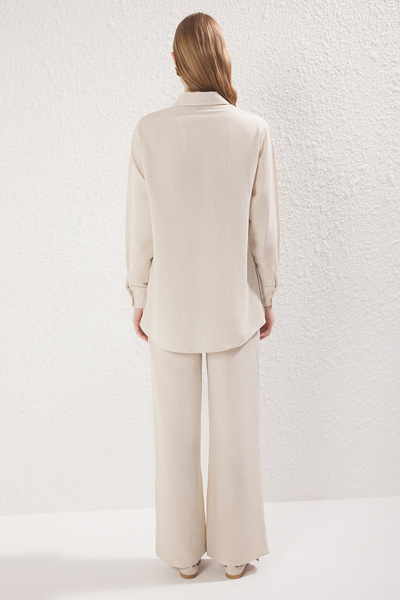 Trendyol Modest Beige Linen Look Mother of Pearl Button Woven Bottom-Top Set Tctss25Us00029