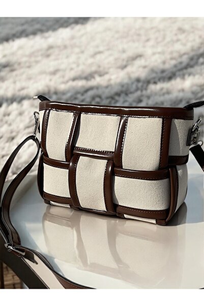 Katusa حقيبة كتف نسائية من القماش المحبوك باللون البني الكريمي