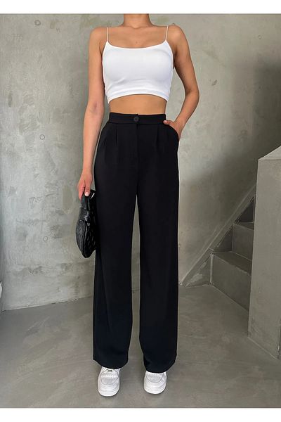 mymoda Loose Leg Black Palazzo Women's Trousers - Pants Detailed