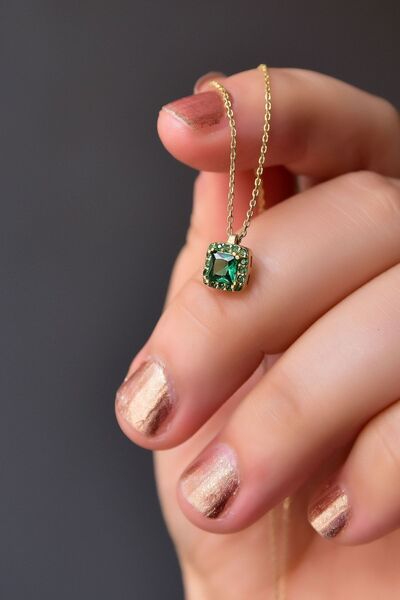 Papatya Silver 925 Ayar Gümüş Gold Kaplama Yeşil Zirkon Baget Taşlı Kolye