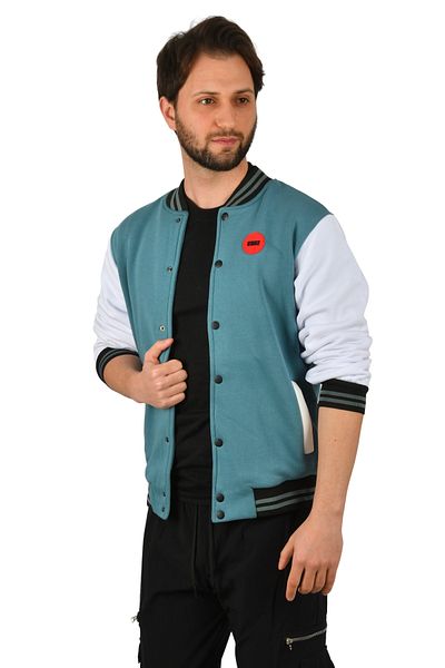 Rizz up Men's Turquoise Three Thread Ribbed College Collar Coat Jacket2304772