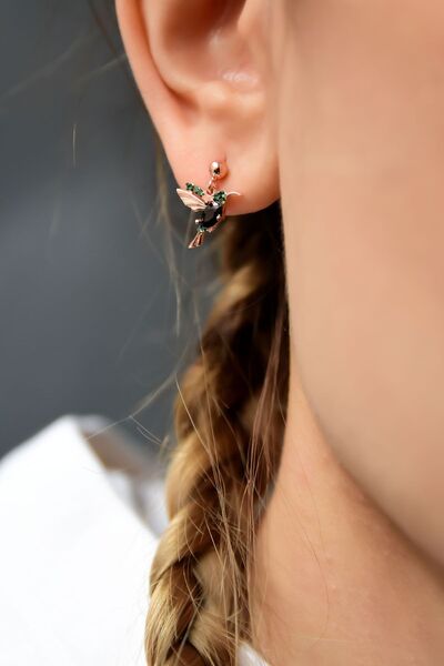 Papatya Silver 925 Ayar Gümüş Rose Kaplama Siyah Yeşil Taşlı Çivili Kuş Küpe