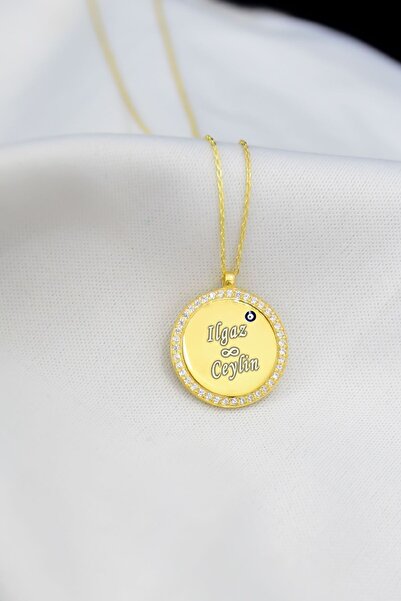 Papatya Silver 925 Ayar Gümüş Altın Kaplama Taşlı Gözlü Isimli Plaka Kolye