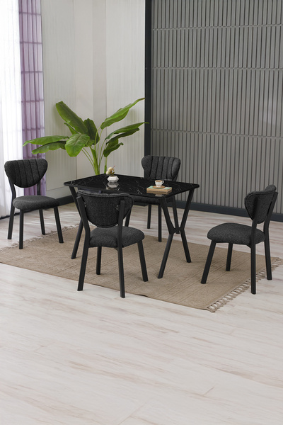 Armens Life Mobilya, Lojistik & Elektronik Ticaret Elma Modeli Masa Sandalye Takımı, 4 Sandalye 1 Sabit Siyah Mermer Desen Masa  110x70 Cm, Keten Kumaş