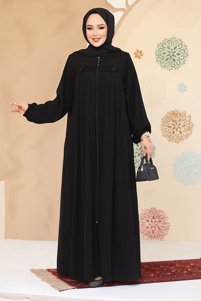 Neva Style Abaya hijab neagră cu fermoar 45295S
