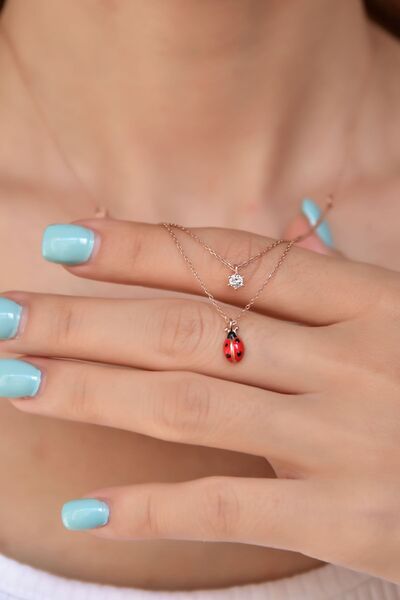 Papatya Silver 925 Ayar Gümüş Rose Kaplama Tektaş Uğur Böceği Asansörlü Kolye