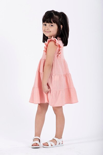 zepkids Ροζ Χρώμα Κοριτσίστικο φόρεμα βάφλα με βολάν μανίκια