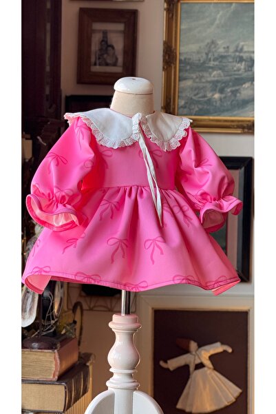 Anne Kız Tasarım Pembe fiyonklu elbise