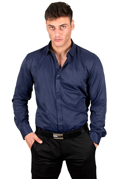 Rizz up Men's Navy Blue Slim Fit Long Sleeve Sleeve Buttoned Shirt2209615