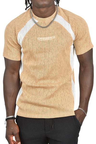 Rizz up Men's Beige Slim Fit Lycra T-Shirt with Writing on the Front and Stripes on the Sides 2403231