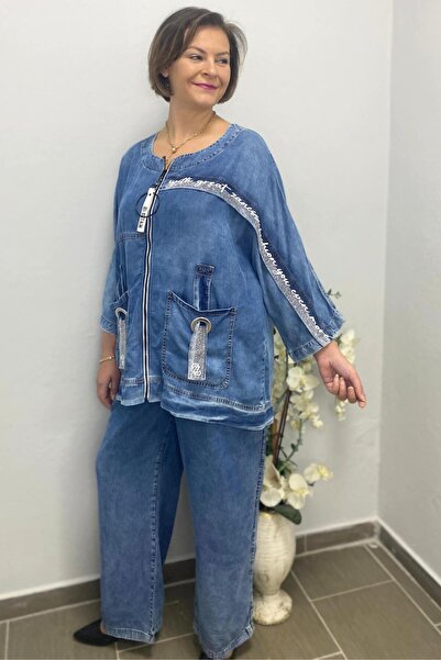 Mia Butik طقم ليزا بتصميم خاص باللون الأزرق للسيدات