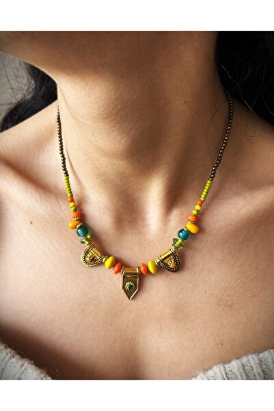 dela otantik Çok renkli boncuklu taşlı kadın kolye - El yapımı otantik etnik ...