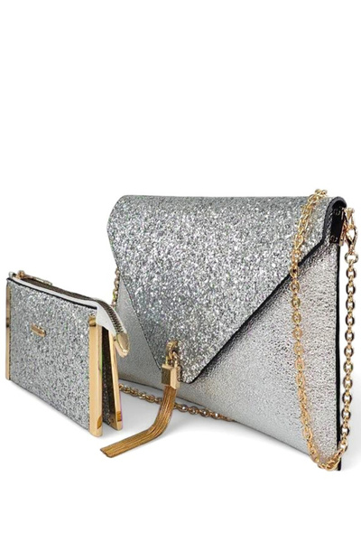 Evident Gümüş Taş Desenli Kadın Portföy & Clutch Çanta Seti (29 x 19) _(19 x 11) cm.