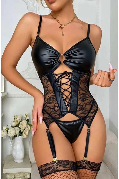LONG NIGHT Fishnet Stockings Garter Suit Lame Bra Lace Babydol Garter