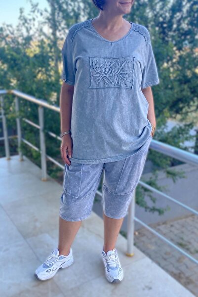 Mia Butik Large Size Gray Leaf Patterned Bermuda Suit