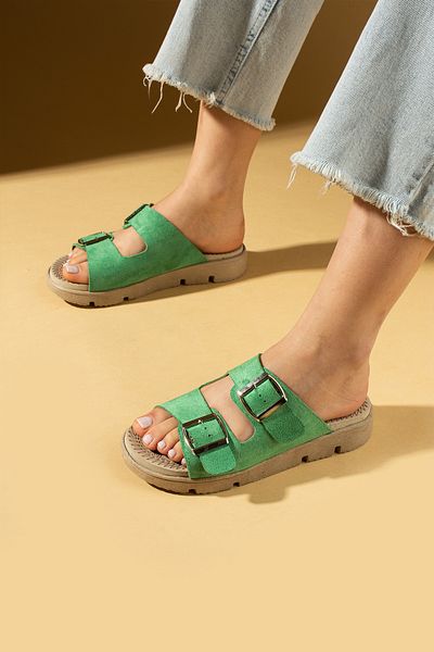 Pembe Potin Green Suede Women's Orthopedic Sole Slippers Double Banded Buckle Daily Comfortable Slippers
