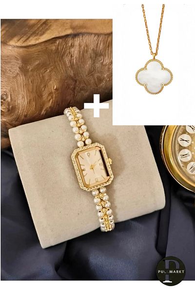 pullmarkt Twinkle Series Wristwatch + Mother of Pearl Van Necklace Watch Set