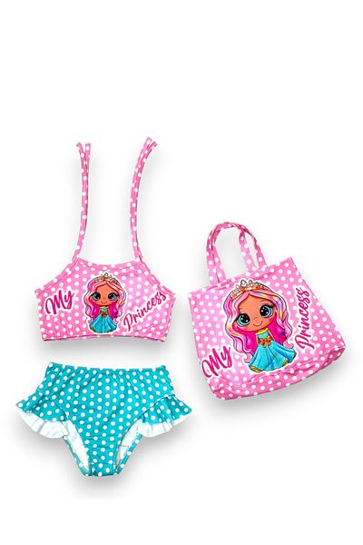 Lolliboomkids Girl's Princess Baby Print Pattern Beach Bikini Set with Bag 3 Pieces