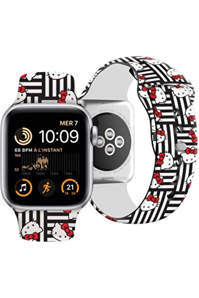 Hello Kitty Apple Watch 7 41mm Uyumlu Lisanslı Çizgiler & Kitty Silikon Kordon