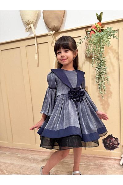 inMini Girl's Flower Detailed Flounce Sleeves Navy Blue Shiny Evening Dress-Removable Accessory-Grained Skirt