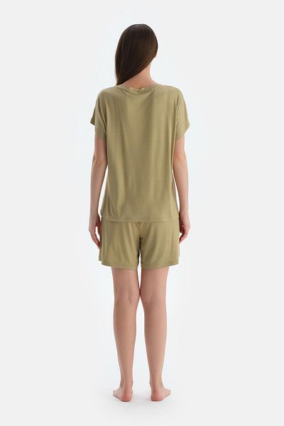 Dagi Oil Green Off Shoulder Short Sleeve Viscose T-Shirt Shorts Pajama Set
