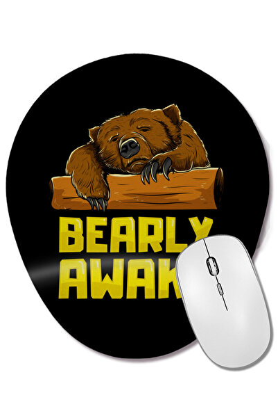 BASKI DÜNYASI Bearly Awake Sleeping Bear Funny Barely Sleepy Pun Οβάλ ποντικο...
