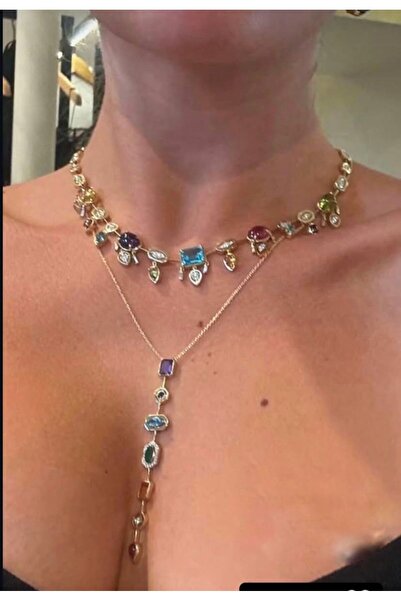 Niceboutique تصميم خاص قلادة من الحجر الذهبي الملون