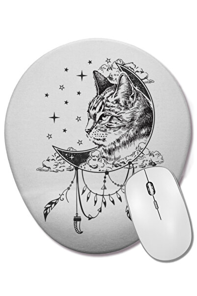 BASKI DÜNYASI Mouse Pad oval Boho Cat in Moon cu suport pentru încheietura mâ...