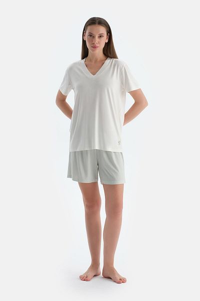 Dagi Ecru V-Neck Short Sleeve T-Shirt Shorts Pajama Set