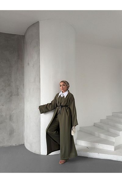FMN Moda Comfortable Stylish Trend Design Triple Vest Pants with Belt Long Coat Kimono Loose Islamic Suit