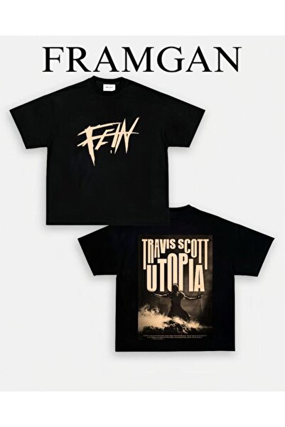 Framgan Tricou negru unisex Travis Scott Fein cu imprimeu față și spate