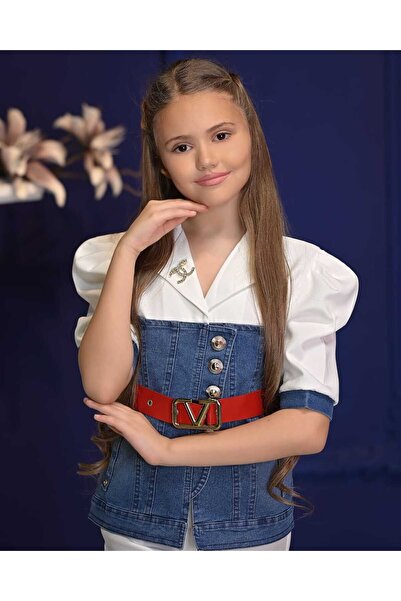 By Feyza Kids Collection By Feyza Girl's 4-Piece Set, Wide Leg Pants, Denim Corset Jacket, Stone Brooch, Belt Combination 5-12 Years