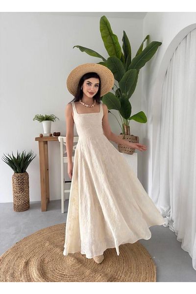 Afiş Butik Beige Thick Strap Embroidered Linen Pleated Dress