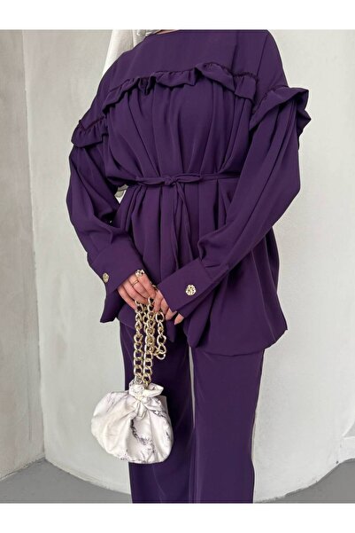 FMN Moda Hijab Palazzo Button Detail Ruffled Belted Loose Blouse Tunic Equivalent Comfortable Stylish Fabric Two-Piece Set