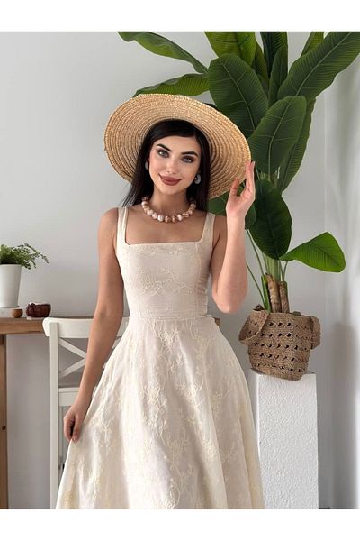 Afiş Butik Beige Thick Strap Embroidered Linen Pleated Dress