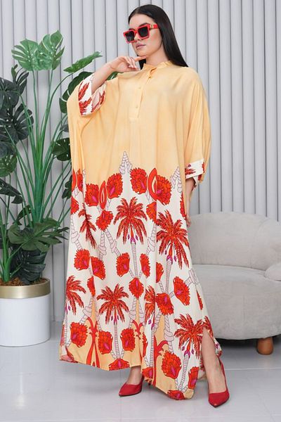 Eceyaman moda Women's Palm Print Oversize Dress