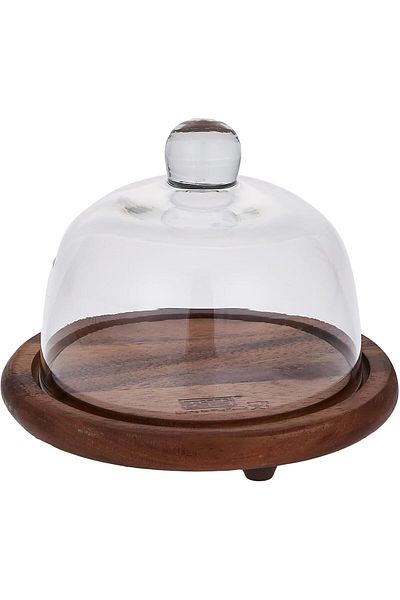Billi Butter and Cheese Glass Dome with Wooden Stand, Brown, 12 x 15 cm, ACA-930