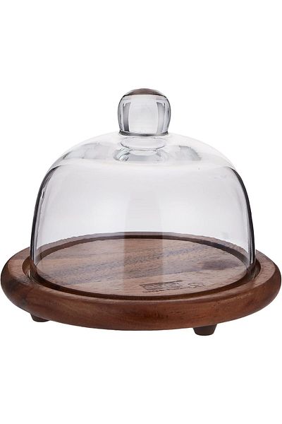 Billi Butter and Cheese Glass Dome with Wooden Stand, Brown, 12 x 15 cm, ACA-930