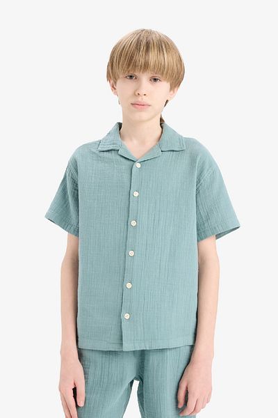 DeFacto Boy's Oversize Wide Fit Polo Neck Muslin Short Sleeve Shirt W3239A625Hs
