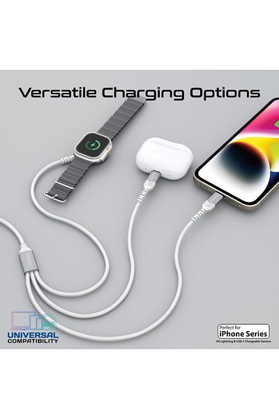 Promate 3-in-1 Charging Cable, 60W USB-C, 27W Lightning, Apple Watch, 1.5m, iCharge-Trio (White)