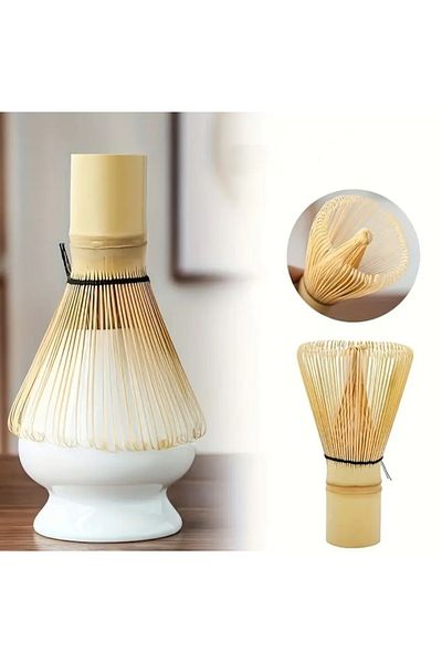 Kraft Matcha Set of 3 Bamboo Beater with White Ceramic Chashaku and Teaspoon