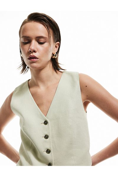 Koton Buttoned V-Neck Sleeveless Linen Blazer Vest